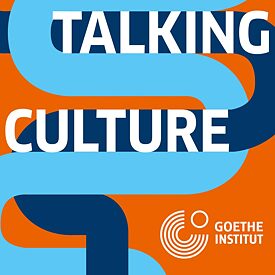 Talking Culture is written on the cover in white letters. The background is orange and there is an intricate pattern of dark blue and light blue. 