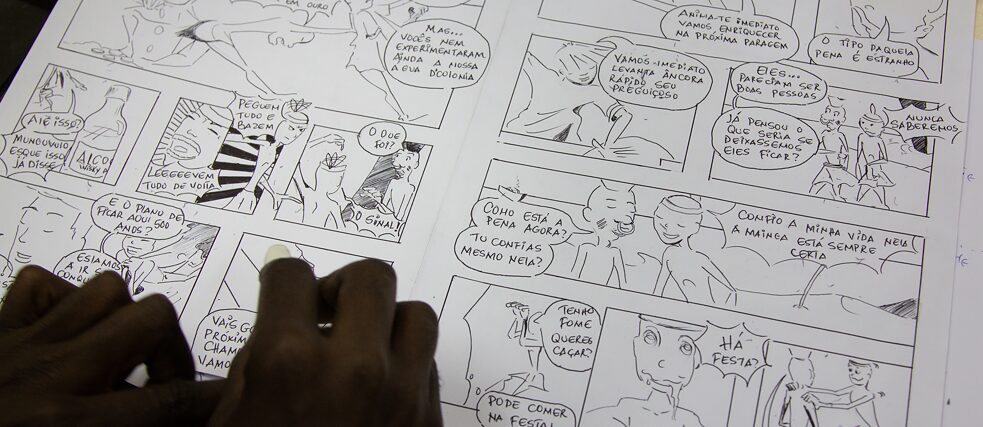 Ausschnitt eines Comics in Bearbeitung in portugiesischer Sprache.