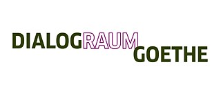 The German phrase DialogRaum Goethe is written in capital letters on a white background. The word Dialog is in dark green, the word Raum is in white with a purple outline and the word Goethe is in dark green and placed lower than the others.