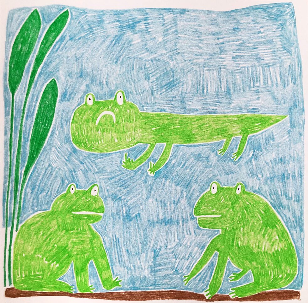 Illustration einer Kaulquappe, die den Mittelfinger zeigt