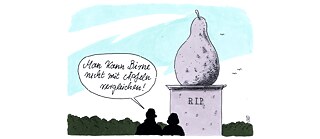 “The Pear” was so linked to Helmut Kohl that even on the occasion of his death in 2017 this image was of course resurrected, as here in this caricature by Andreas Prüstel. (You can’t comPEAR apples with oranges!)