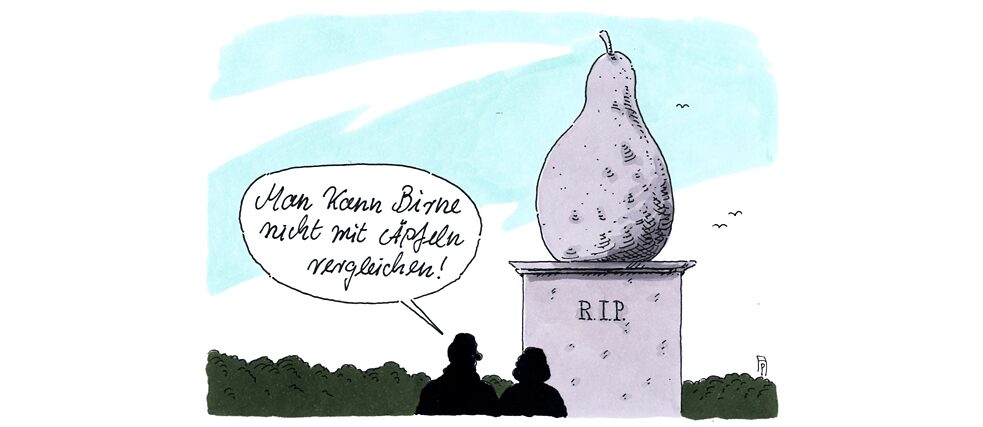 “The Pear” was so linked to Helmut Kohl that even on the occasion of his death in 2017 this image was of course resurrected, as here in this caricature by Andreas Prüstel. (You can’t comPEAR apples with oranges!)