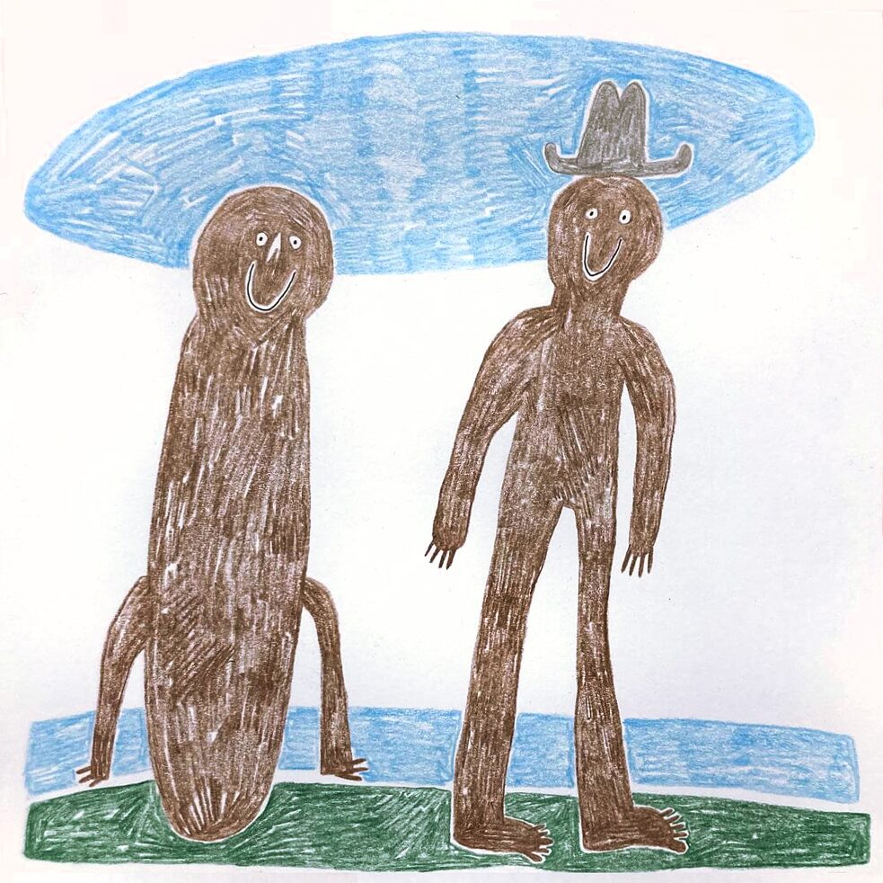 Illustration of two figures: one with hat, one with a caterpillar body without arms