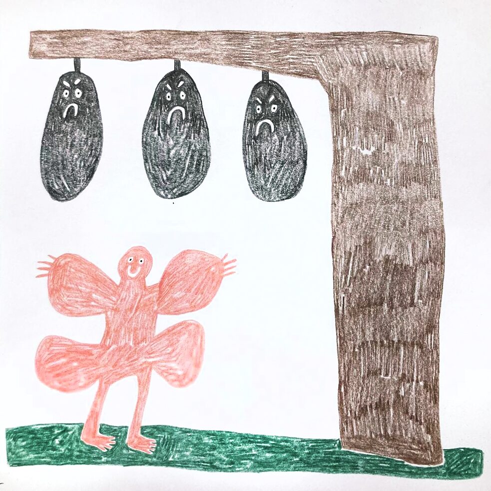 Illustration von drei kokonförmigen Figuren, die an einem Baum hängen und grimmig schauen; darunter eine fröhliche Figur in Schmetterlingsform