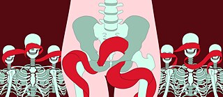 Через фигуры скелетов проходят красные ленты.