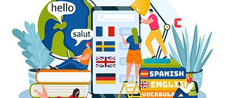 Illustration on Multilinguism with various persons, a smartphone and books