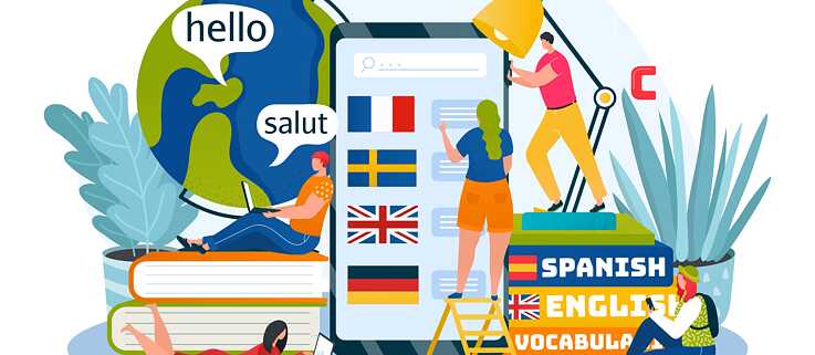Grafik zum Thema Sprachen lernen mit mehreren Personen, einem Smartphone und Büchern