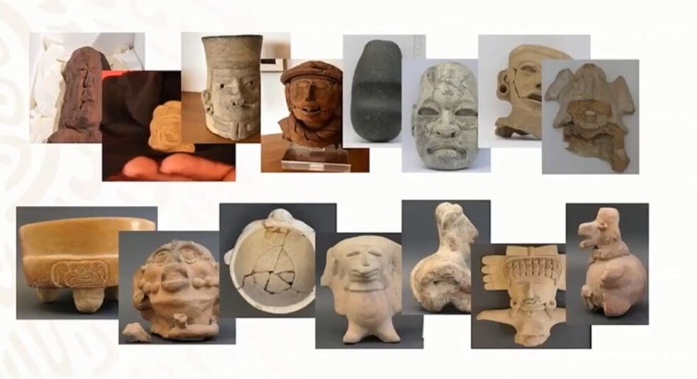 A collection of recovered pieces, including anthropomorphic figures made of clay, pots and vessels.