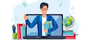 Grafik: Ein Mann mit Büchern und erhobenem Zeigefinger auf einem Bildschirm