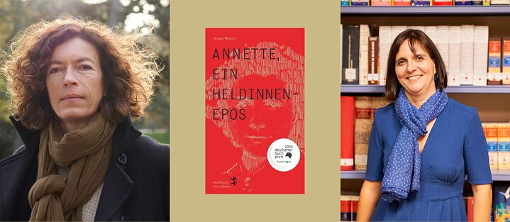 Porträts Anne Weber und Bélen Santana und Buchcover „Annette, ein Heldinnenepos“
