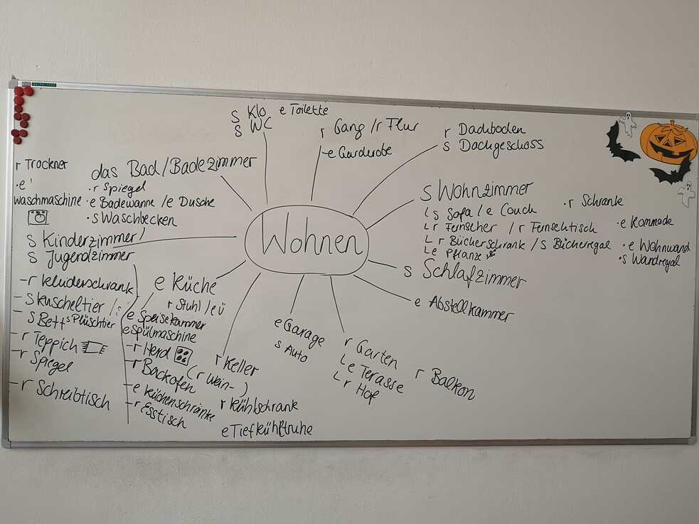 An der Schule gibt es Whiteboards, Tafeln und auch Beamer