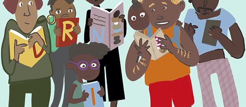 Kolme lasta lukevat kirjoja.