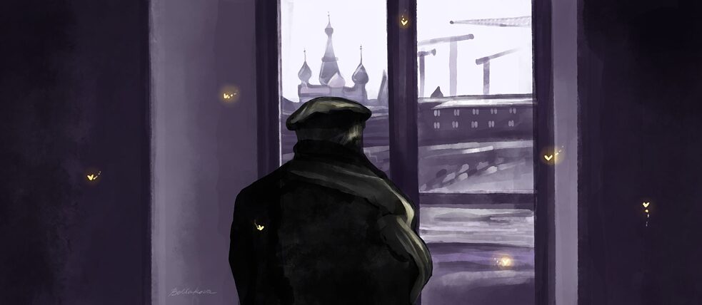 Inimene vaatab poolpimedas aknast välja, tema ümber hõljuvad jaaniussikesed. Akna taga on ehitus.