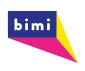 The text "Bimi" in white letters on a blue background, surrounded by other colours