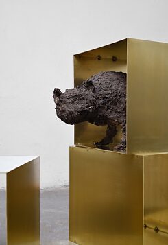 željezo, kravlji izmet, zemlja, ljepilo, mesing, mačka: 24 × 56 × 14 cm, pojedinačne kocke: 30 × 30 × 30 cm, Berlin/DE, 2013/2019.