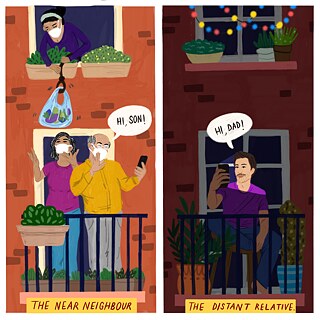 Ilustración: “El vecino cercano es mejor que el pariente lejano”, de Anjali Mehta