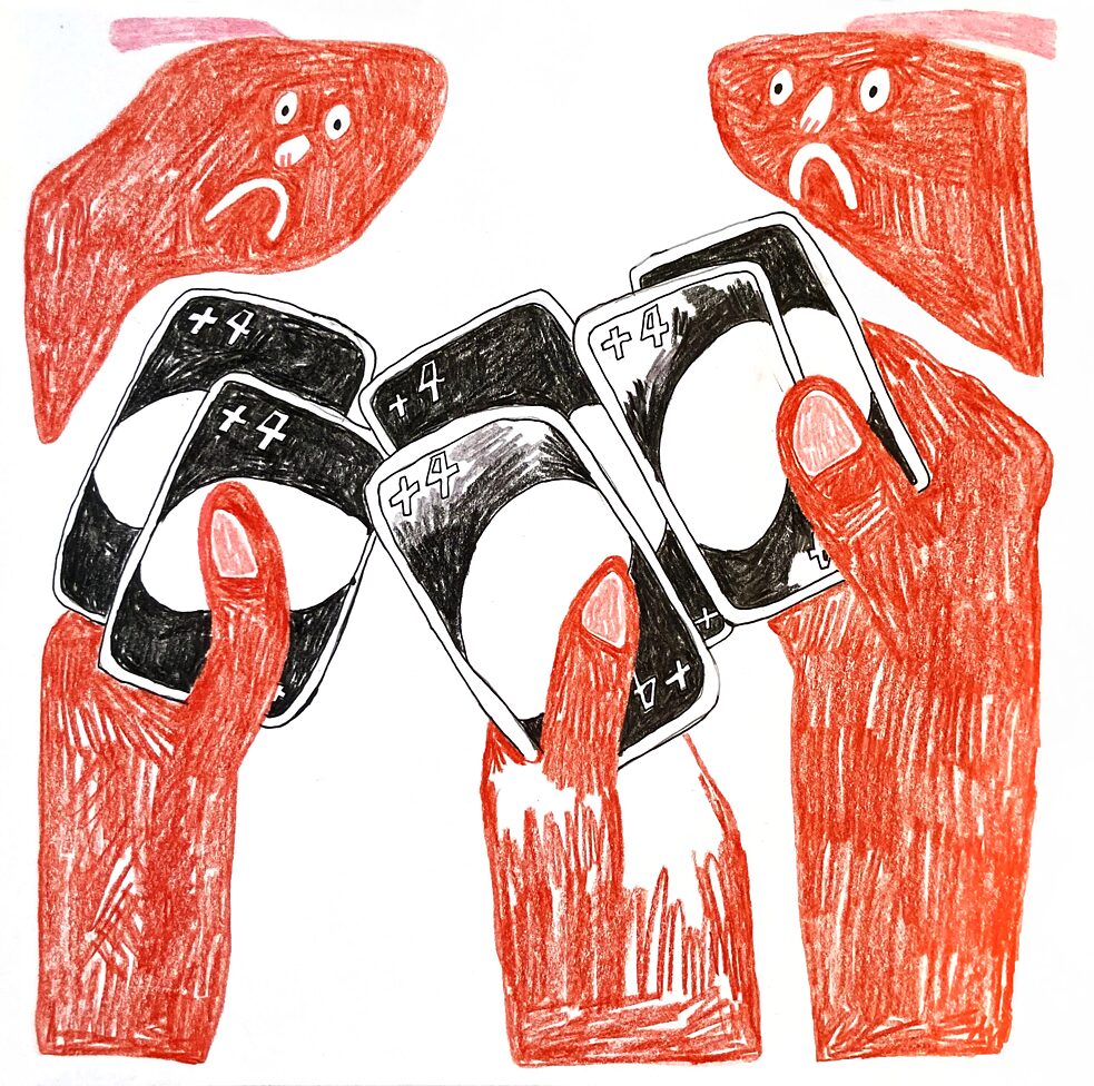 drawing shows: three hands each holding up two Draw 4 cards 