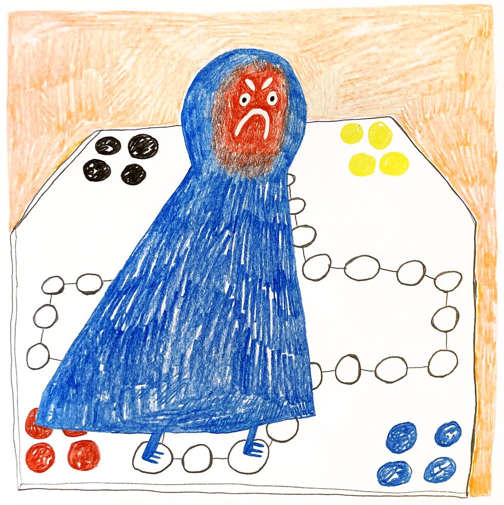 drawing shows: a large blue game piece with an angry expression in front of a ludo board