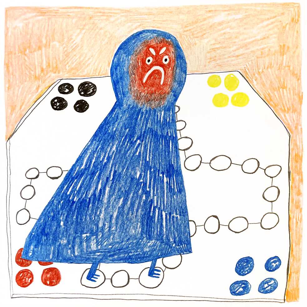 Gezeichnet: Eine große blaue Spielfigur mit wütendem Gesichtsausdruck vor einem Mensch-ärgere-dich-nicht Spielfeld
