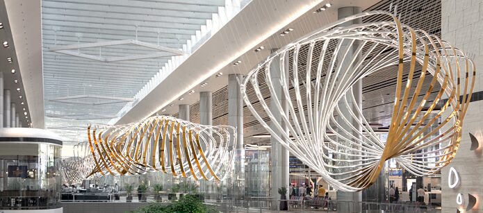 Instalacja „Petalclouds” stworzona przez Art+Com na lotnisku Changi w Singapurze. 