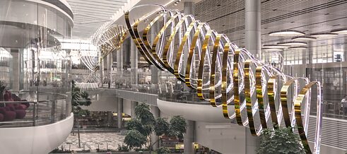 Ebenfalls im Singapurer Changi-Flughafen zu bewundern: „Petalclouds“. Die Skulpturen aus je 16 Aluminium-Elementen, die in einer Reihung aufgehängt sind, verändern sich wie Wolken in fließenden Bewegungen.
