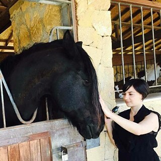 Η εικόνα απεικονίζει μια γυναίκα (SenemGökel) να στέκεται σε ένα διάδρομο στάβλου. Έχει κοντά μαύρα μαλλιά και είναι ντυμένη στα μαύρα. Δίπλα της σε ένα στάβλο βρίσκεται ένα μαύρο άλογο, το οποίο χαϊδεύει.  Στο βάθος φαίνεται ένας άλλος στάβλος όπου στέκεται ένα άλλο άλογο.