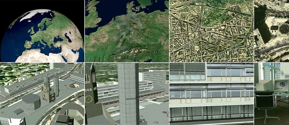 “Terravision” è stato il precursore di “Google Earth”? La rappresentazione della Terra in 3D è composta da immagini satellitari, riprese aeree, dati altimetrici e foto architettoniche.