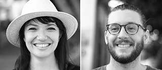 The picture is in black and white and there are two portraits on it. On the left portrait is a woman (Marina Neophytou). She has shoulder-length hair, wears a sun hat and smiles at the camera. On the right portrait is a man (Alden Jacobs). He has a beard, wears glasses and smiles.