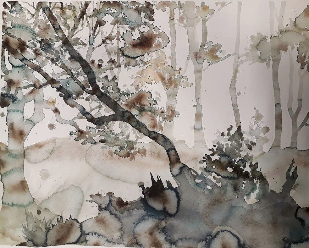 Aquarell „Der Wald unterhalb des Baches“ von Marije Jenssen