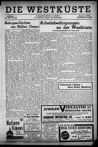 A page of Der Aufbau's West Coast feature, a fortnightly publication insert that first appeared in September 1941