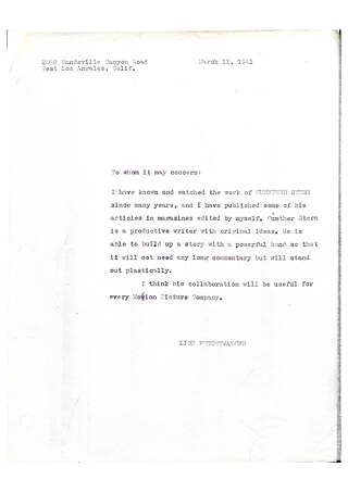 Lion Feuchtwangers Empfehlungsschreiben für Günther Anders, datiert auf den 11. März 1941