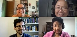 Online discussion on 25 August 2021 - Participants (left to right): Paromita Vohra and Kwang Sun Joo (above),  Jan Paul Heisig and Rosana Paulino (below) 