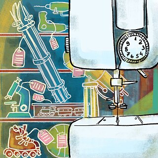 Малюнок, на якому зображена швейна машина зблизька. Видно голку та лапку.