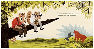 Eine Illustration: zwei Eichhörnchen sitzen auf einen Ast und reden