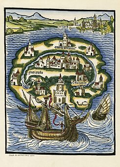 O estado insular de Utopia. Xilogravura da capa da primeira edição de 1516 do livro de Thomas More. 