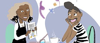 Eine Illustration von zwei braunen Frauen, die sich auf einen Kaffee unterhalten