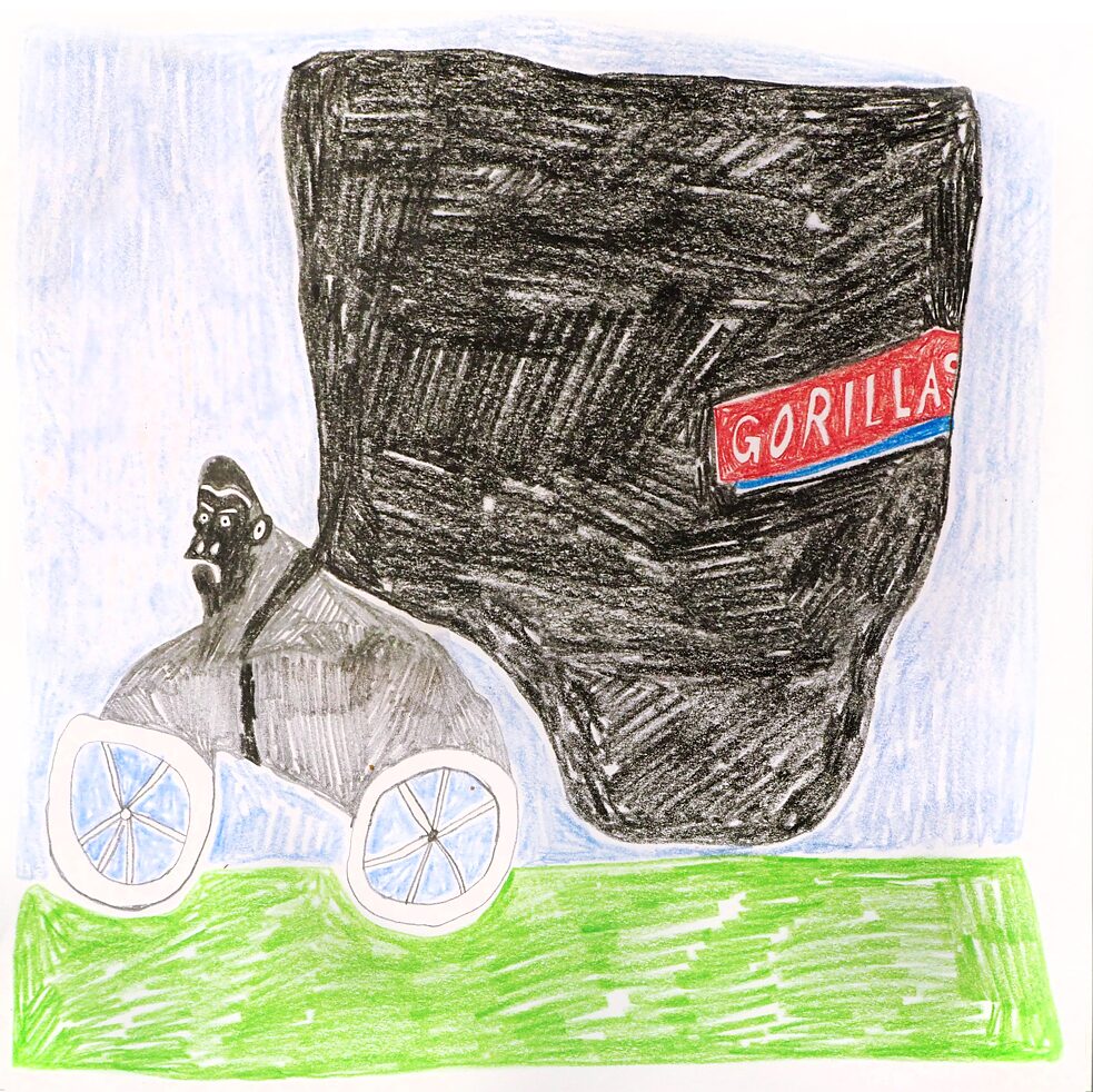 Drawing of a gorilla riding a bike with a huge bag on his back