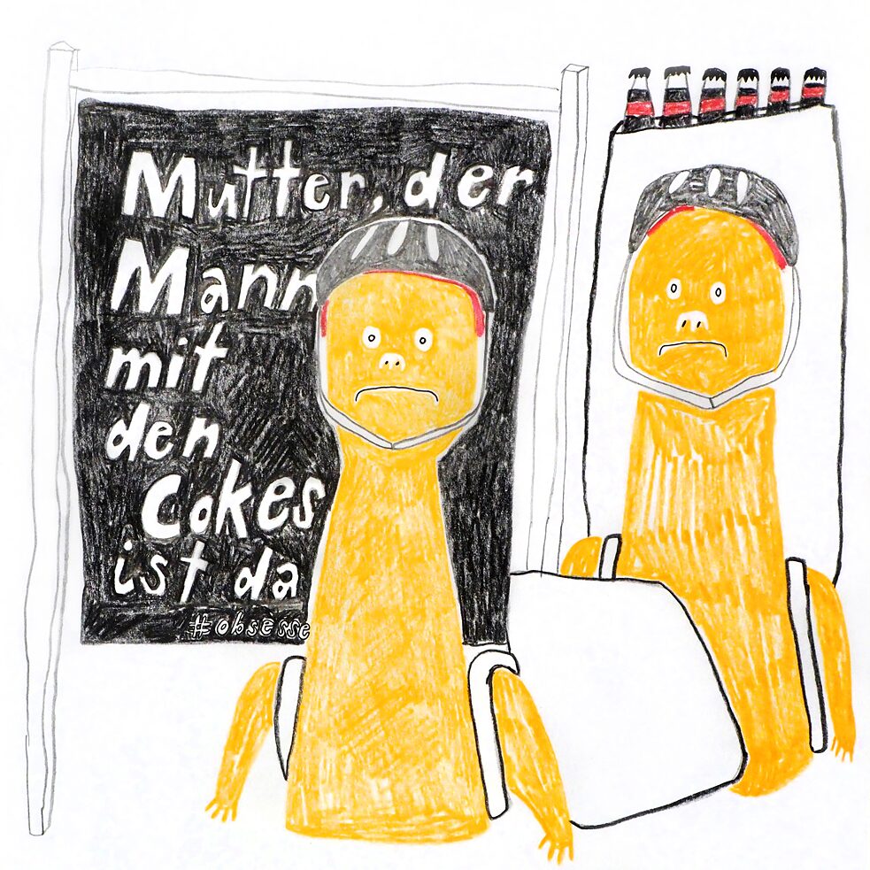 Drawing of two deliverers standing: one is carrying a bag of Coke bottles on his back, behind the other is a sign saying “Mother, the man with the Cokes is here”. 