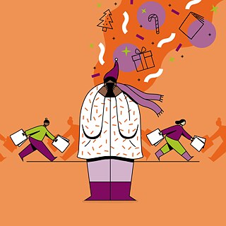 Eine Illustration: Eine menschliche Figur hört sich Medien aus ihren Kopfhörern, im Hintergrund laufen Menschen mit Weihnachtseinkäufen