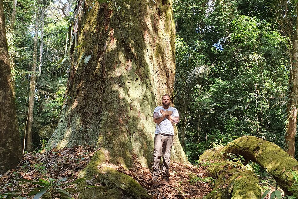 Felipe Milanez vor „Majestade“ (Majestät), einem brasilianischen Paranussbaum, den Jose Claudio und Maria während ihres Lebens verteidigt haben. Agroextractivist Siedlung Praialta Piranheira, Nova Ipixuna, Bundesstaat Pará, Brasilien, 2021. 