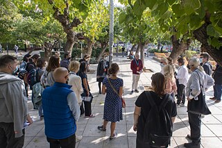 Walking along Patission Street, Athens. 