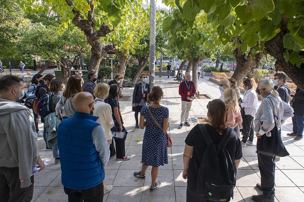 Walking along Patission Street, Athens. 