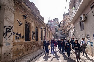Walking along Patission Street, Athens. 