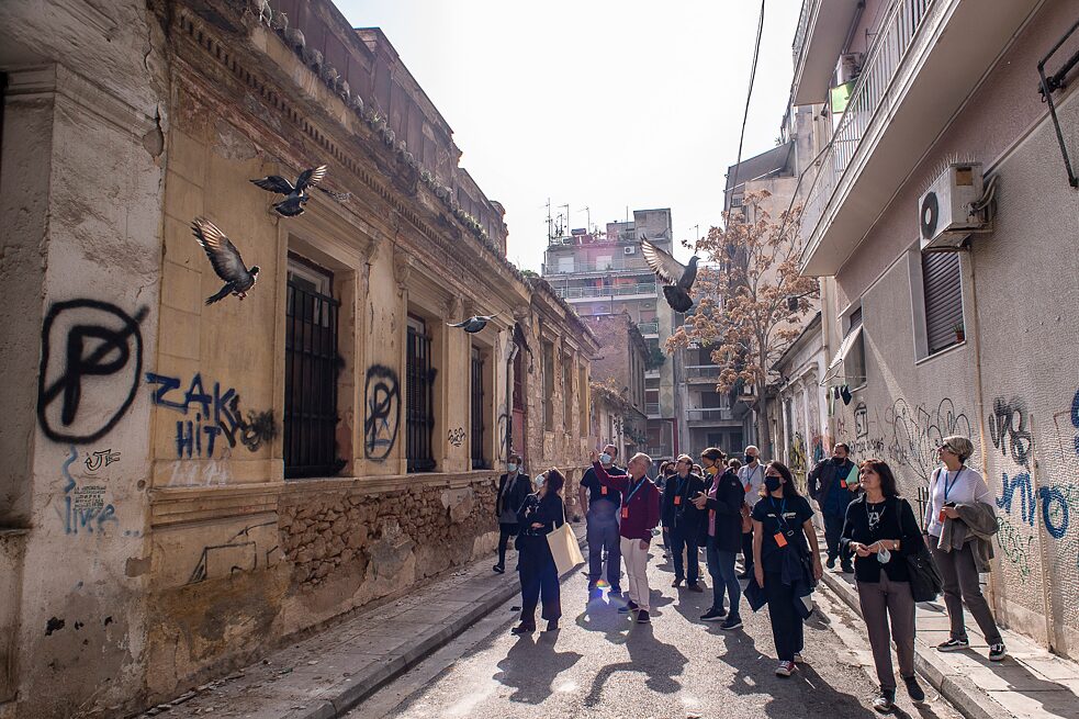 Walking along Patission Street, Athens. 