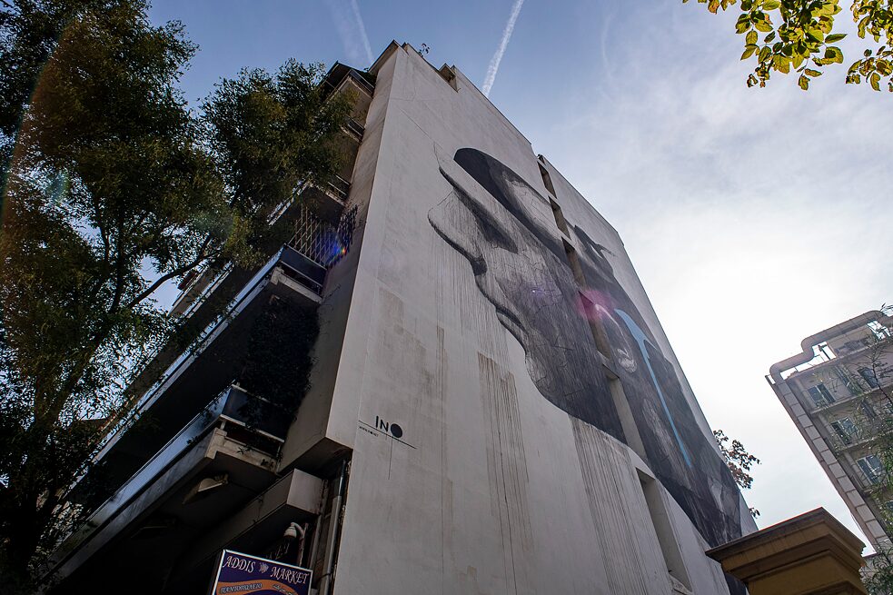 Walking along Patission Street, Athens. 