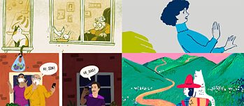 Collage – Illustrationen von Beatrice Davies (oben links), Nik Neves (oben rechts), Anjali Mehta (unten links), Jinyoung Choi (unten rechts) 