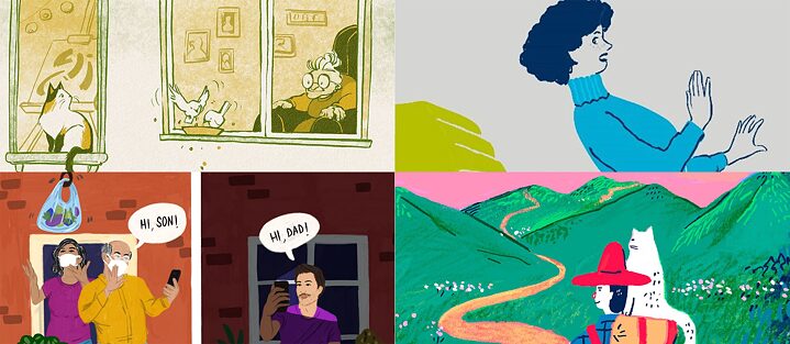 Collage – Illustrationen von Beatrice Davies (oben links), Nik Neves (oben rechts), Anjali Mehta (unten links), Jinyoung Choi (unten rechts) 