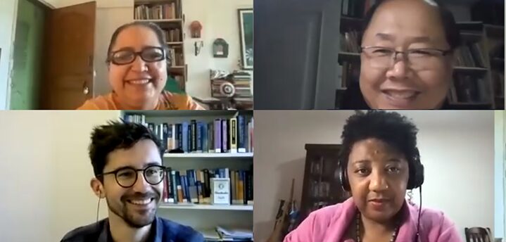Online discussion on 25 August 2021 - Participants (left to right): Paromita Vohra and Kwang Sun Joo (above),  Jan Paul Heisig and Rosana Paulino (below) 