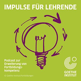 Logo des Podcasts Fortbildung für Lehrende: Eine Zeichnung einer Glühbirne auf grünem Hintergrund © Goethe-Institut Podcast Fortbildung für Lehrende