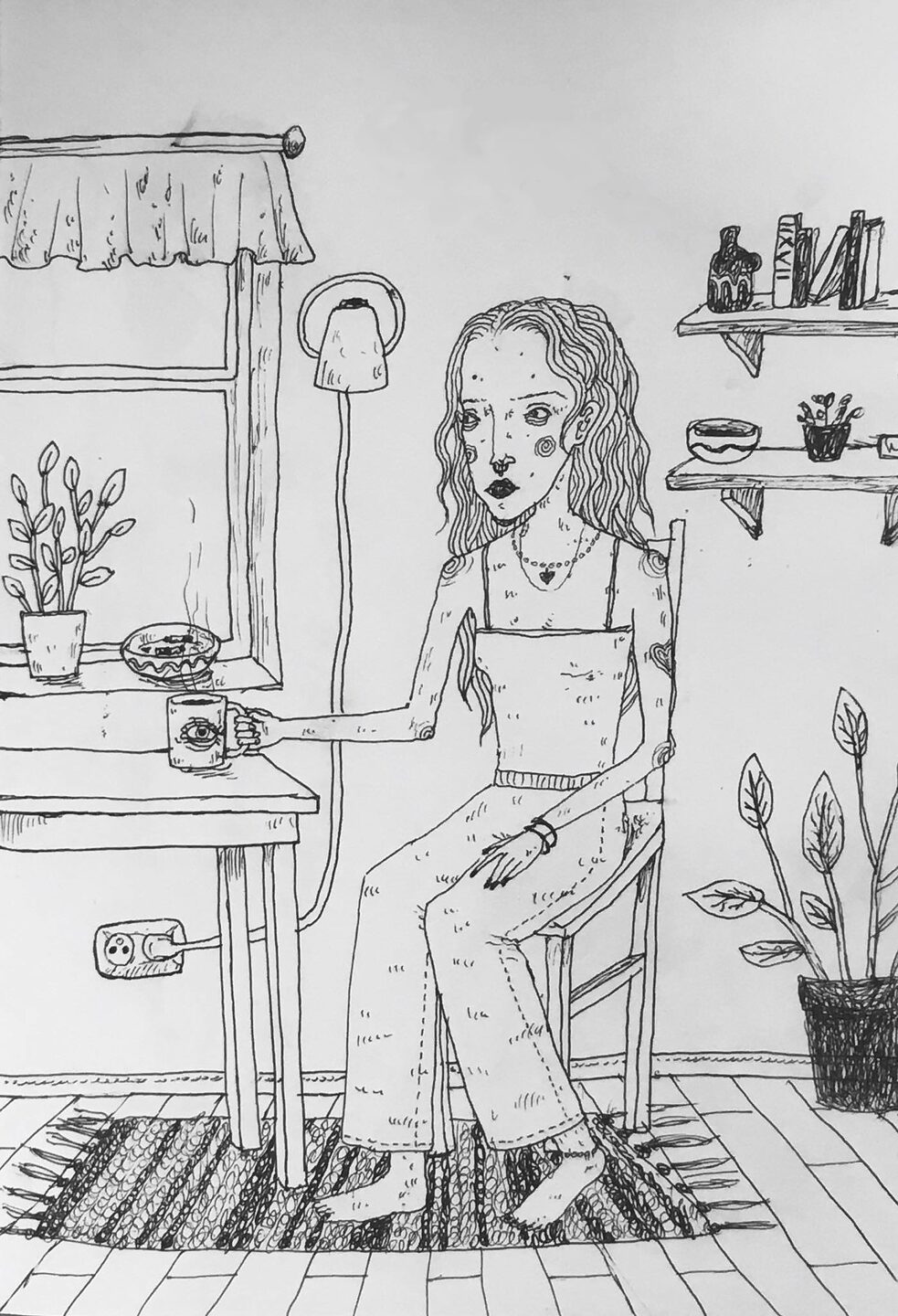 Ein Mädchen sitzt in der Küche und trinkt Kaffee.